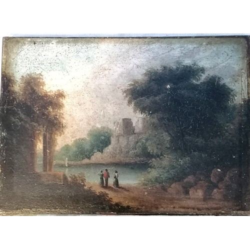 82 - Pair of antique unframed oil on board topographical vignettes of classical scenes - some losses to p... 