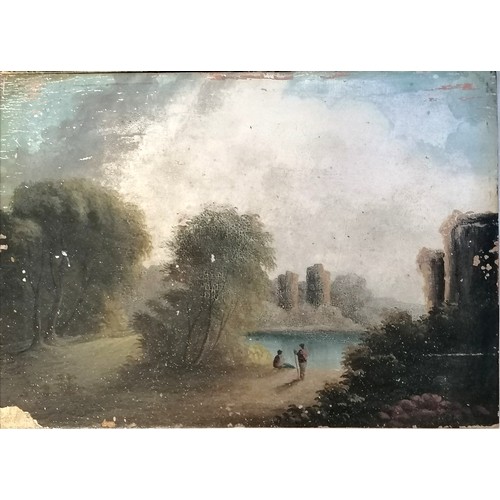 82 - Pair of antique unframed oil on board topographical vignettes of classical scenes - some losses to p... 