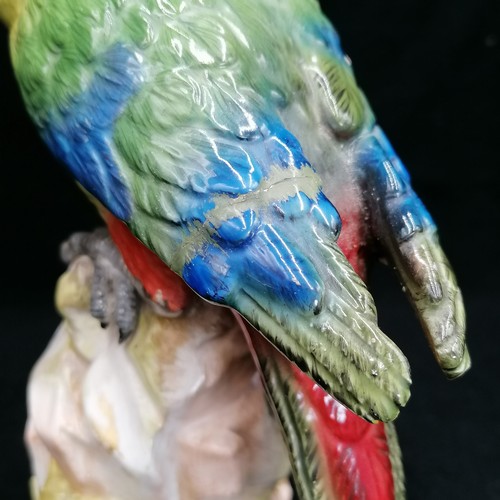 143 - Meissen parrot - height 21cm ~ restoration to one wing and  claw, chip to base / flowers