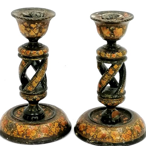 187 - Kashmiri pair of candlesticks (base has slight damage on one) t/w jug