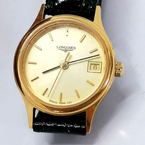 245 - Ladies gold plated quartz Longines watch on a leather strap in a box