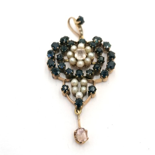 275 - Antique sapphire & pearl set pendant - drop 5.5cm