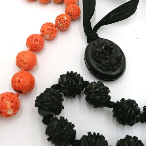 328 - Antique coral bead necklace - 50cm long t/w vulcunite locket pendant on silk necklace & a Whitby jet... 