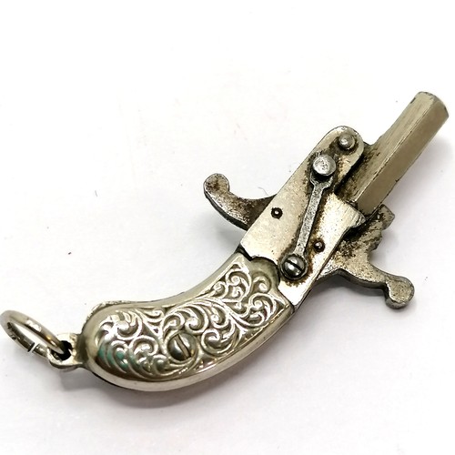 363 - Novelty miniature white metal gun fob / pendant - 4cm long