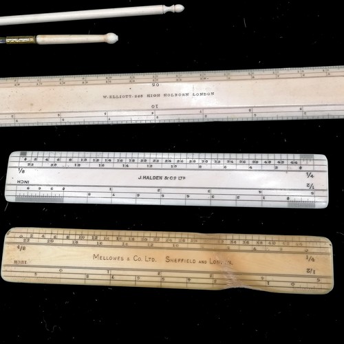 472 - 4 antique ivory rulers by J Halden, Mellowes and Co, W Elliott and A G Thornton T/W an antique knife... 