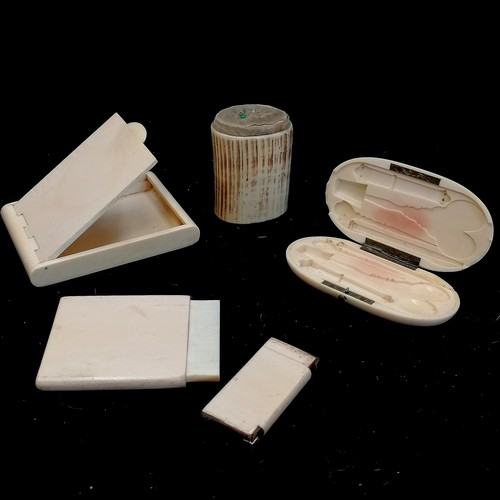 474 - Antique ivory pin cushion, cigarette box A/F, etui A/F missing fittings, card case A/F