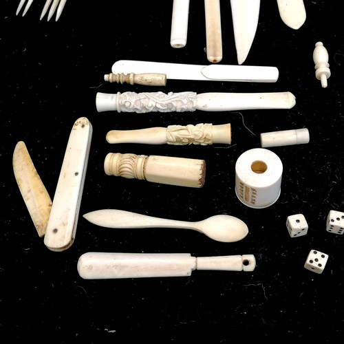 475 - Antique ivory penknife, paper knives, oriental carved cigarette holders, spoons etc.