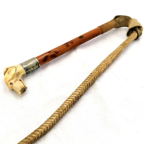 481 - Antique carved bone dogs head/ whistle riding crop with glass bead eyes and Malacca shaft, total len... 