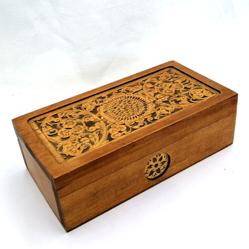 485 - Deep carved wooden box with a floral design to the top t/w qty of costume jewellery & a travel clock