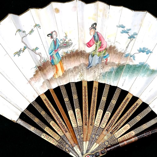 487 - Antique chinese fan with lacquered & wooden stays with gilt decoration ~ hand painted to both sides ... 