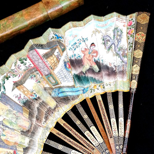 487 - Antique chinese fan with lacquered & wooden stays with gilt decoration ~ hand painted to both sides ... 