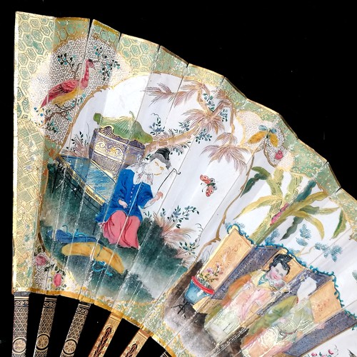 487 - Antique chinese fan with lacquered & wooden stays with gilt decoration ~ hand painted to both sides ... 