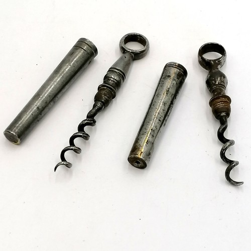 523 - 2 x antique steel picnic corkscrews ~ longest has wear to mechanism t/w 2 x antique steel corkscrews... 