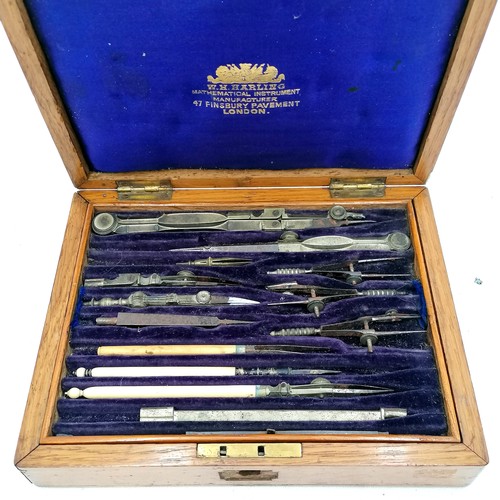 526 - Oak cased mathematical instrument set by W H Harling (London) - part fitted & missing escutcheon ~ b... 