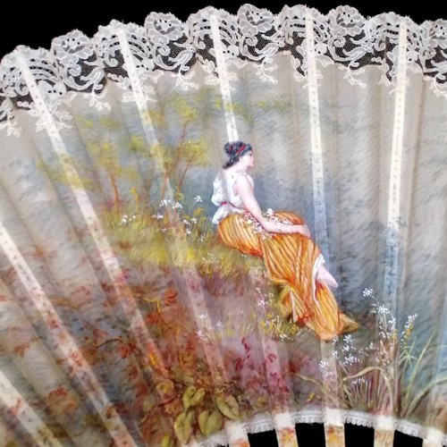 532 - 2 x antique ivory fans with handpainted silk - lady fan has broken endboard & the other depicting be... 