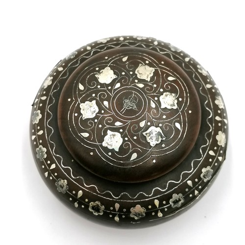 542 - Eastern antique turned wooden silver inlaid lidded pot -  7cm diameter