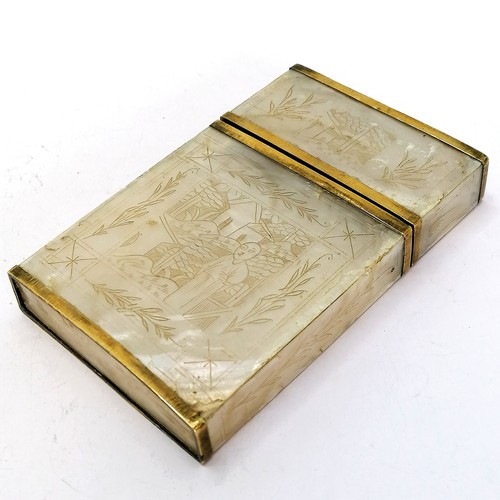 556 - Antique Chinese mother of pearl & nickel card case with engraved decoration - 10.5cm x 7cm. In good ... 