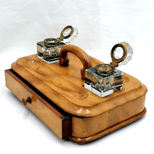 562 - Satin birch wood desk stand with 2 glass square inkwells & carry handle and with mahogany lined draw... 