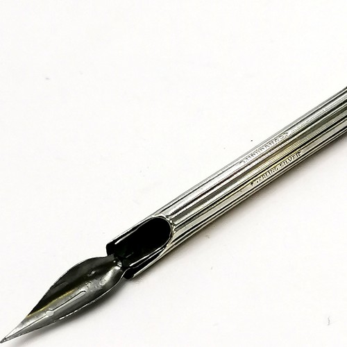 563 - Samuel Morden silver dip pen with ball finial - 20cm - slight dent to reeded decoration.