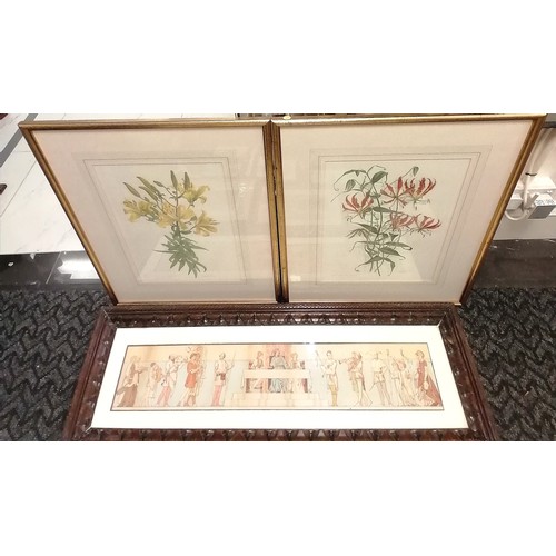 586 - 11 x framed prints inc medieval court scene (106cm x 38cm) & 2 floral prints by Elizabeth Towner