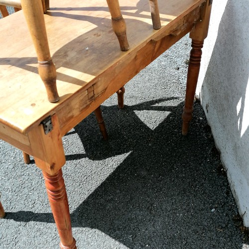 597 - Antique pine drop flap table (1 missing) with drawer to one end, 104cm total width x 73cm high x 72c... 