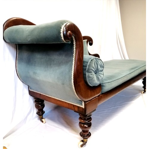 606 - Antique rosewood chaise longue with steel blue upholstery & bolster cushion - 200cm long & 96cm high