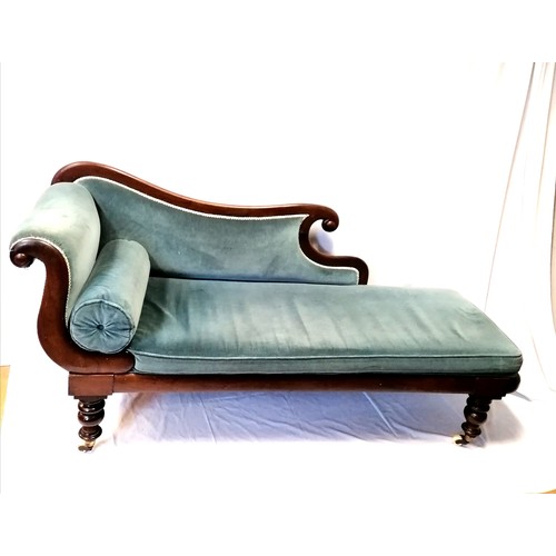 606 - Antique rosewood chaise longue with steel blue upholstery & bolster cushion - 200cm long & 96cm high