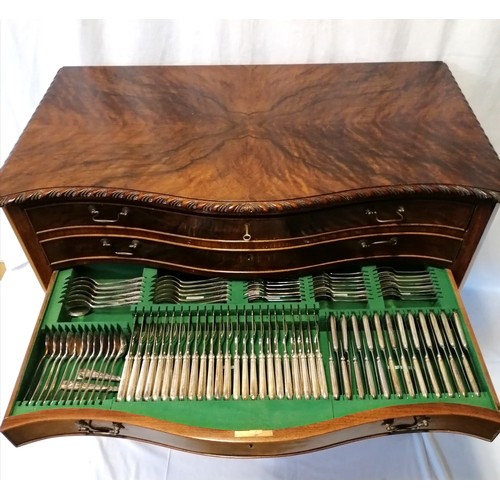 607 - Canteen of cutlery in serpentine fronted mahogany floor standing cabinet with 4 drawers & bird claw ... 