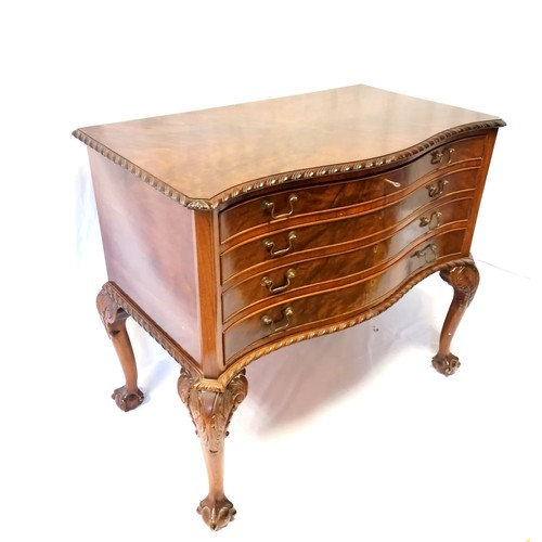 607 - Canteen of cutlery in serpentine fronted mahogany floor standing cabinet with 4 drawers & bird claw ... 