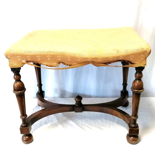 613 - Walnut dressing stool with stretcher base with old repair - needs reupholstering otherwise in good c... 