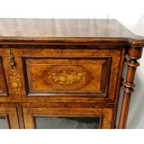 617 - Antique Continental burr walnut veneered cabinet with strung inlay & flower marquetry decoration, gl... 