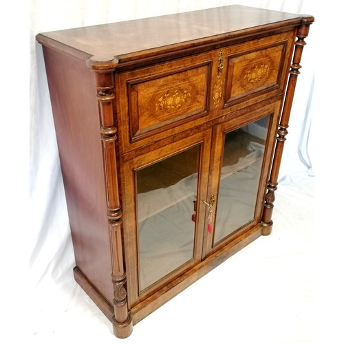 617 - Antique Continental burr walnut veneered cabinet with strung inlay & flower marquetry decoration, gl... 