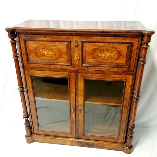 617 - Antique Continental burr walnut veneered cabinet with strung inlay & flower marquetry decoration, gl... 