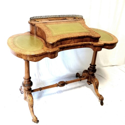 618 - Antique Continental burr walnut ladies writing table with gilt ormolu gallery & green leather insert... 