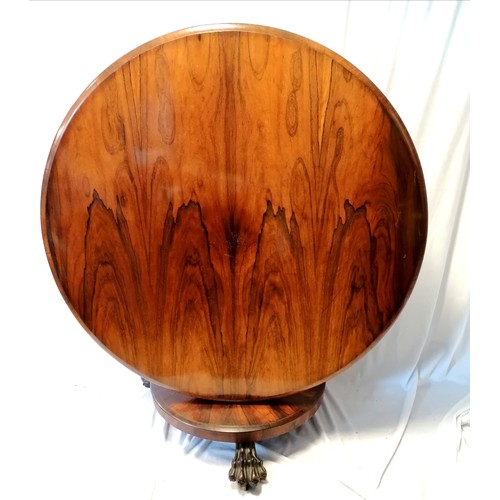 619 - Antique rosewood pedestal tilt top breakfast table / centre table with lion paw feet - (missing hing... 