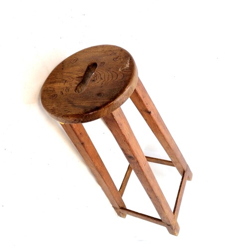 644 - 2 elm + 1 ash kitchen stools (tallest 77cm & has some old worm damage) t/w small folding stool