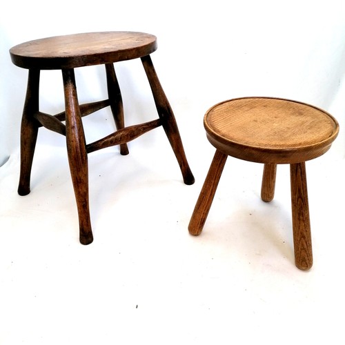 644 - 2 elm + 1 ash kitchen stools (tallest 77cm & has some old worm damage) t/w small folding stool