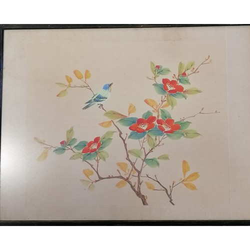 659 - 4 x oriental paintings on silk of birds & flowers - largest 47cm x 37cm. one has water stain to one ... 