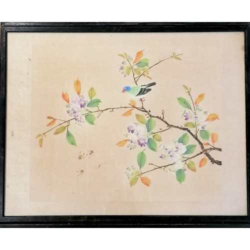 659 - 4 x oriental paintings on silk of birds & flowers - largest 47cm x 37cm. one has water stain to one ... 