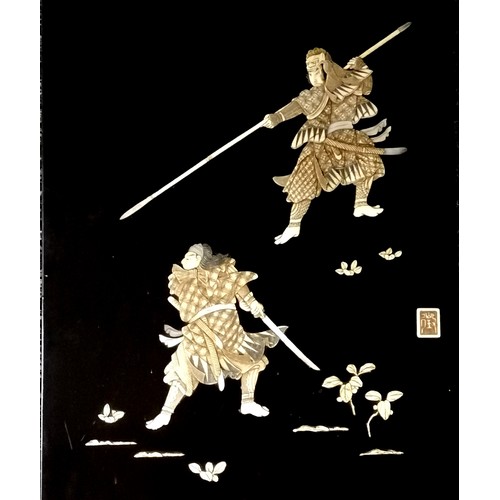 660 - Pair of black lacquered panels with shibayama inlaid samurai & signed ~ 60cm x 38cm. In good coditio... 