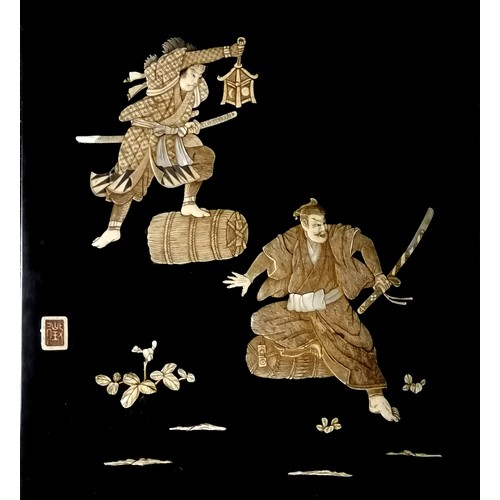 660 - Pair of black lacquered panels with shibayama inlaid samurai & signed ~ 60cm x 38cm. In good coditio... 