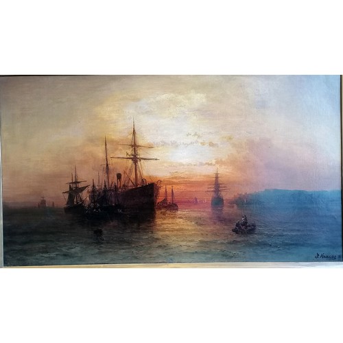 666 - 1892 large oil on canvas of tall masted ships in the sunset by Franz Emil Krause (1836-1900) signed ... 