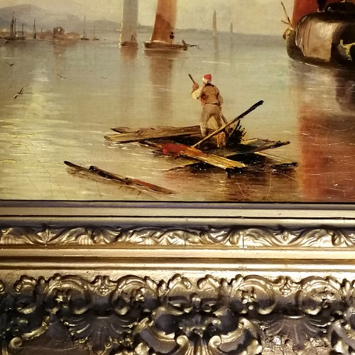 667 - 1827 framed oil on canvas of a Dutch harbour scene, signed J Longley (?) - 73.5cm x 58cm ~ some loss... 