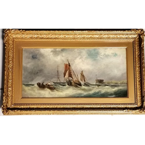 669 - Antique pair of early 19thC oils on canvas (behind glass) of tall masted ships in a storm T/W tall m... 