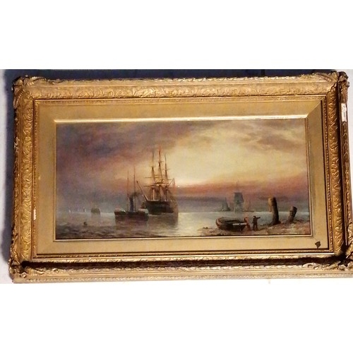 669 - Antique pair of early 19thC oils on canvas (behind glass) of tall masted ships in a storm T/W tall m... 