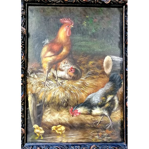 688 - Painting on copper of chickens signed E Hunt in an ornate frame - 28cm x 33cm