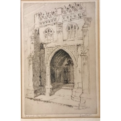 692 - 2 framed etchings ~ Portisham Dorset & South porch, Cley, Norfolk by L Ward Lucas - 42.5cm x 33.5cm