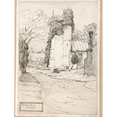 692 - 2 framed etchings ~ Portisham Dorset & South porch, Cley, Norfolk by L Ward Lucas - 42.5cm x 33.5cm