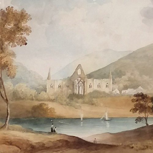 698 - Antique watercolour. Riverscape with Abbey ruins possibly Tintern. Signed John Varley. [John Varley ... 