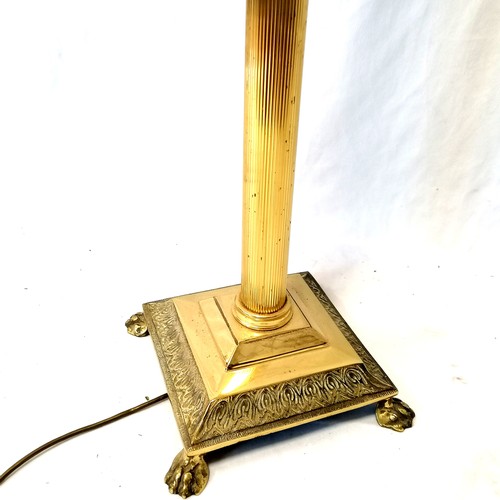 701 - Corinthian column brass standard lamp with lion paw feet - total height 140cm